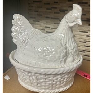 HEN ON A NEST White Ceramic VTG Handmade In Portugal Farmhouse Cottagecore